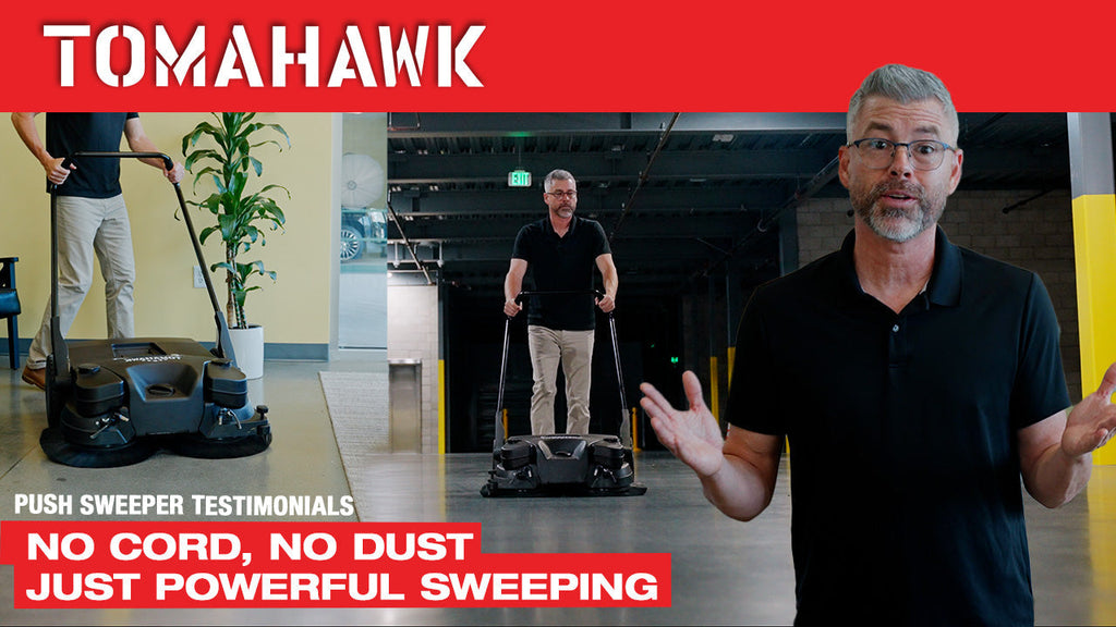 30" Battery Powered Push Sweeper with Triple Power Brooms Electric Drive and Dust Suppression Sprayer