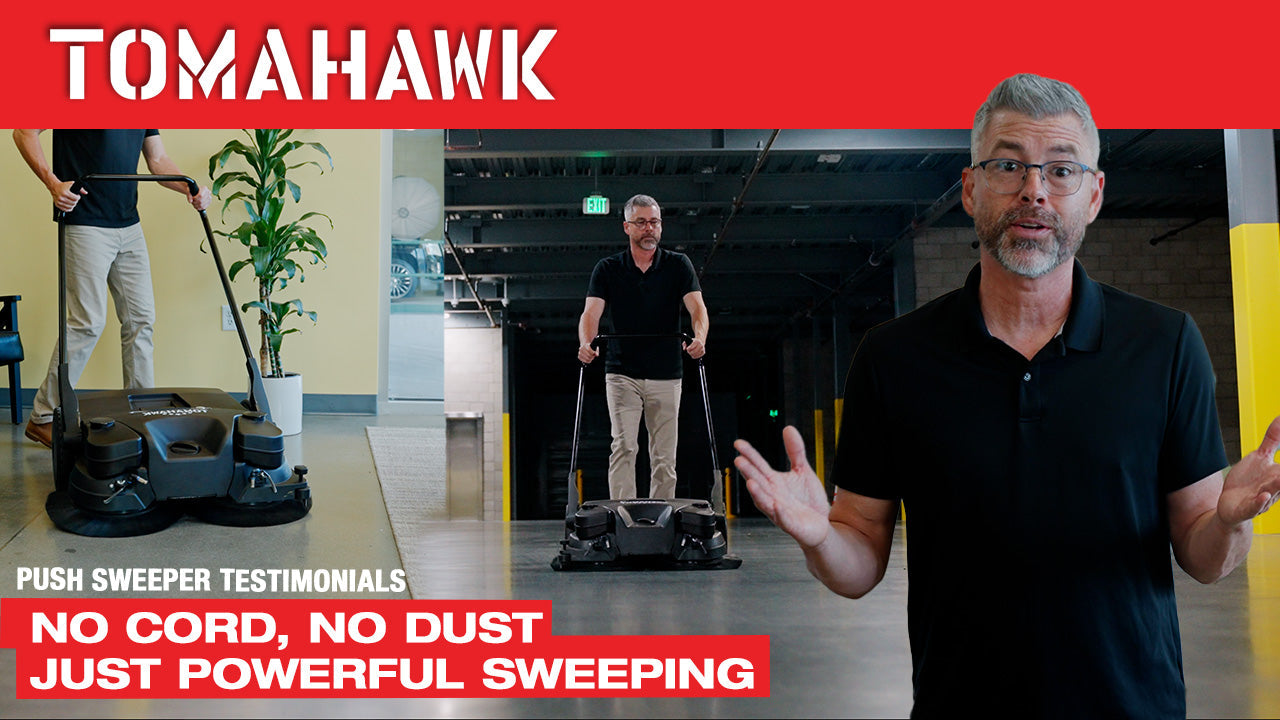 30" Battery Powered Push Sweeper with Triple Power Brooms Electric Drive and Dust Suppression Sprayer