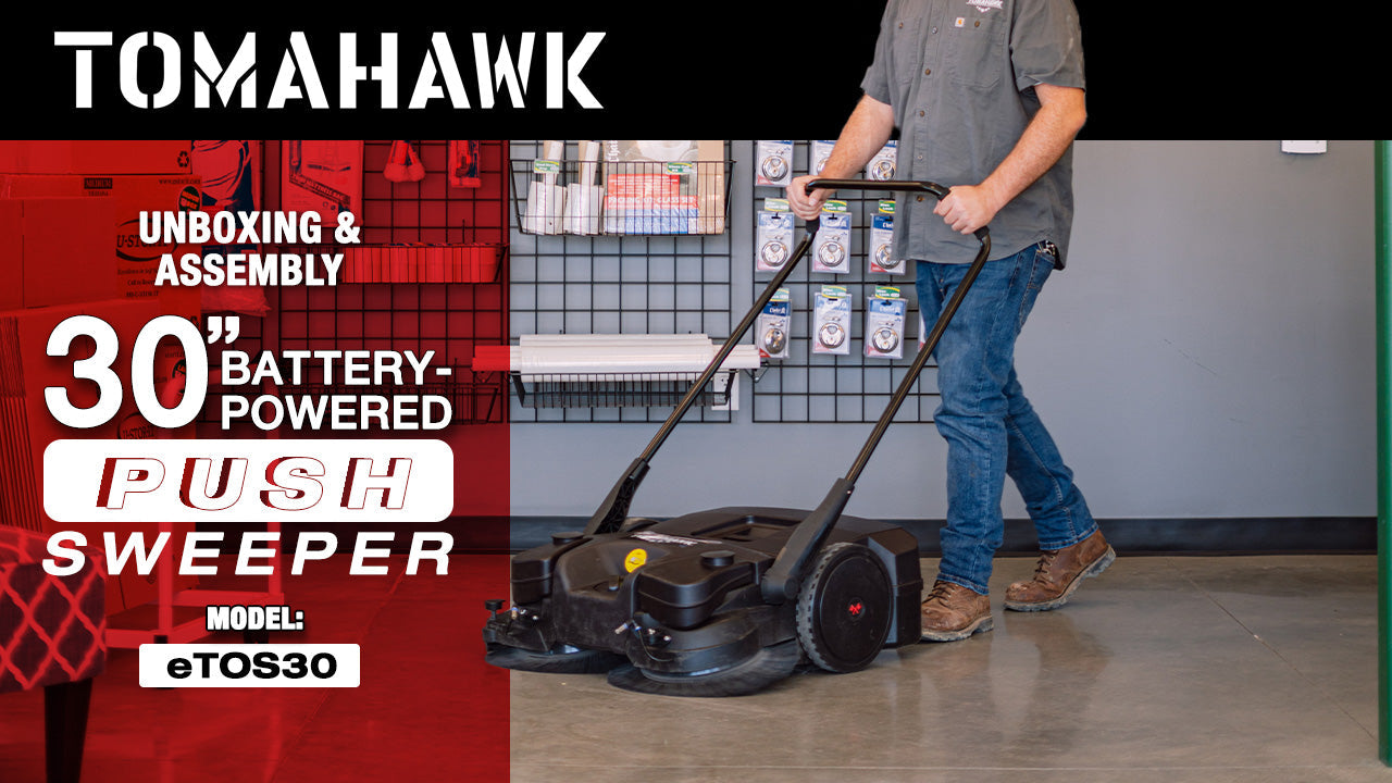 30" Battery Powered Push Sweeper with Triple Power Brooms Electric Drive and Dust Suppression Sprayer