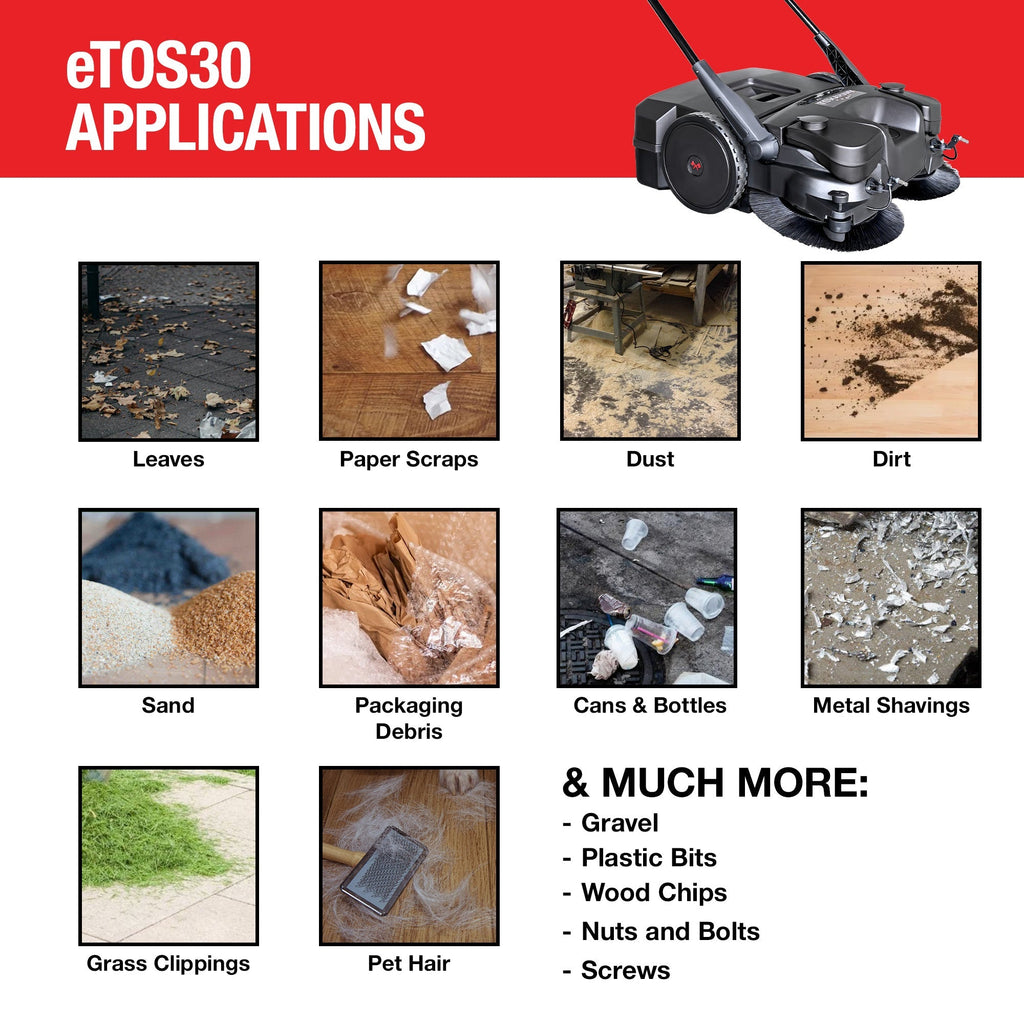 30" Battery Powered Push Sweeper with Triple Power Brooms Electric Drive and Dust Suppression Sprayer