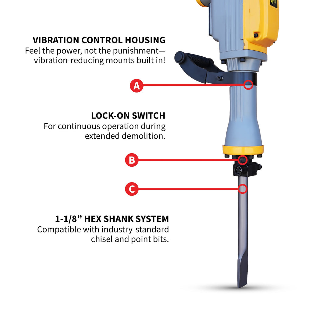 Tomahawk Electric Demolition Jack Hammer 35 lb 1500W 1-1/8" Hex Breaker for Concrete Asphalt Tile Removal Heavy Duty Jackhammer