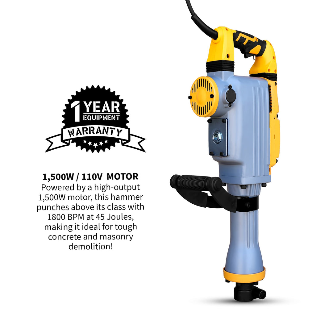 Tomahawk Electric Demolition Jack Hammer 35 lb 1500W 1-1/8" Hex Breaker for Concrete Asphalt Tile Removal Heavy Duty Jackhammer