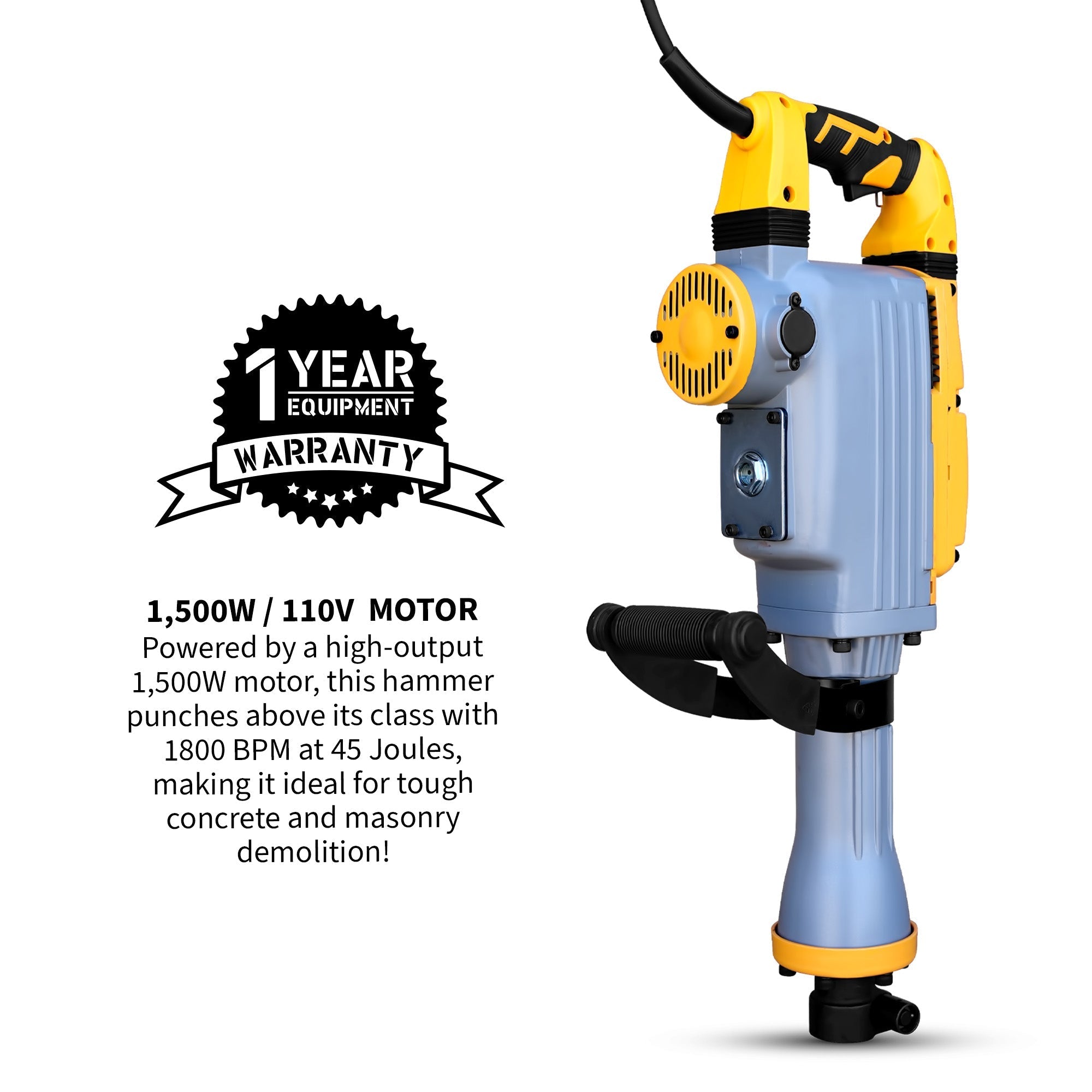 Tomahawk Electric Demolition Jack Hammer 35 lb 1500W 1-1/8" Hex Breaker for Concrete Asphalt Tile Removal Heavy Duty Jackhammer