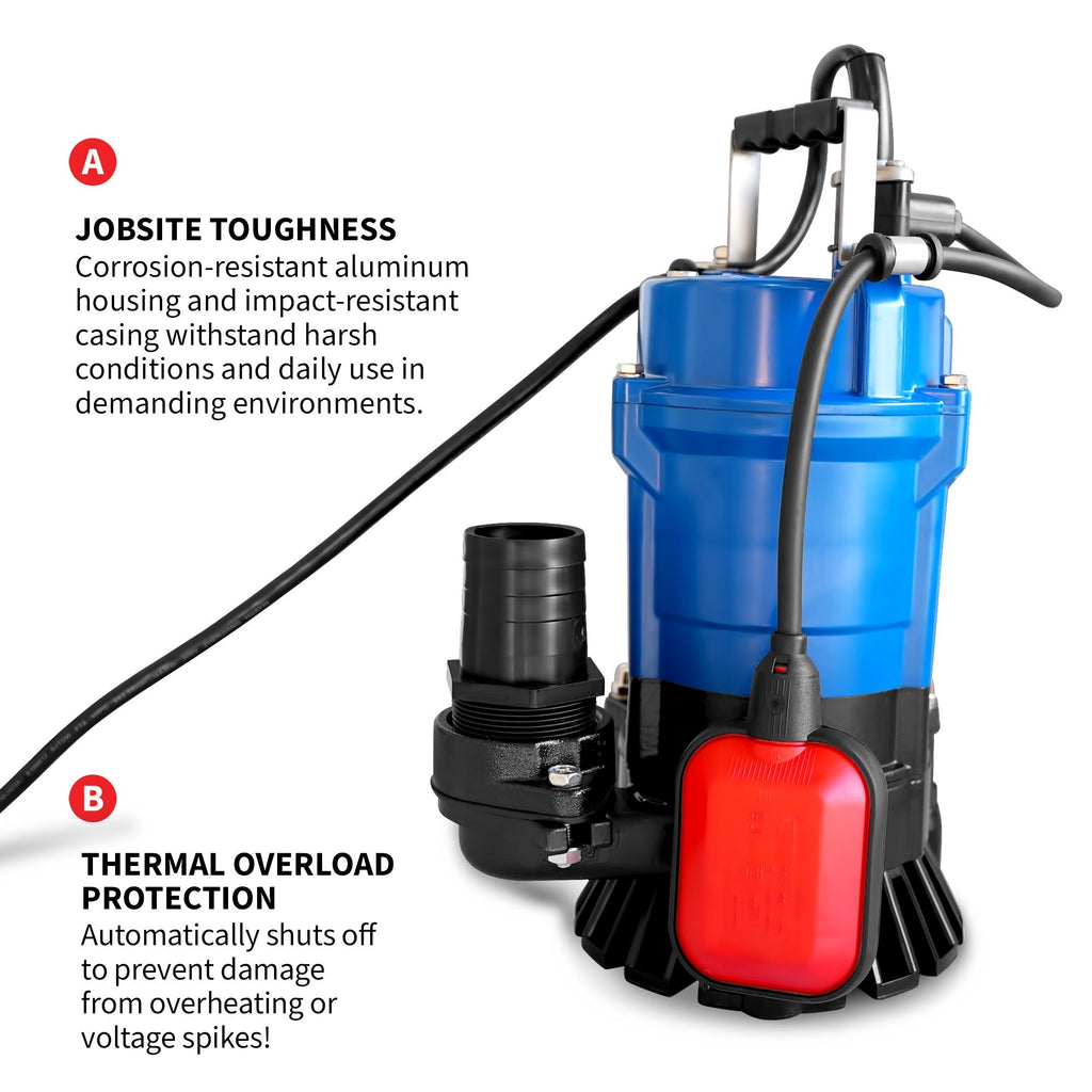 Tomahawk 1/2 HP Submersible Trash Pump, 66 GPM / 3960 GPH, 400W 2" Discharge for Dewatering Flooded Basements, Pools, Irrigation