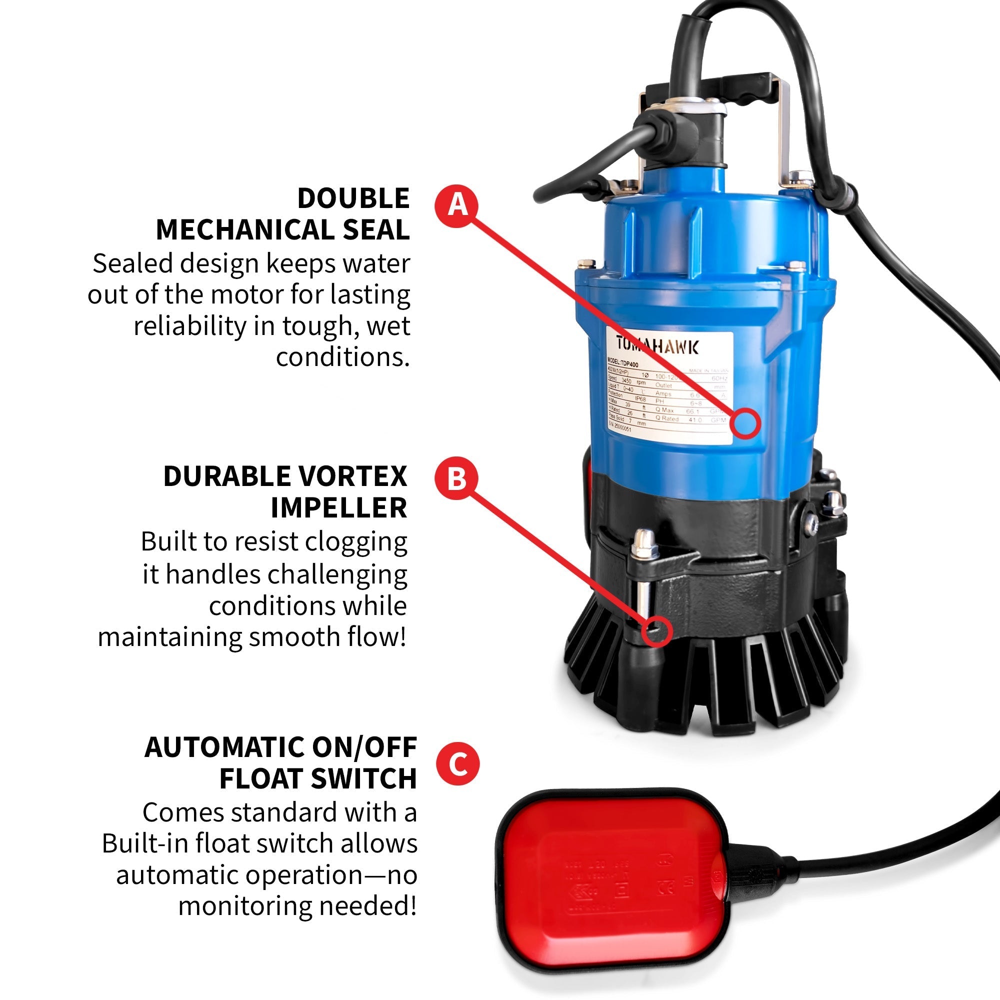 Tomahawk 1/2 HP Submersible Trash Pump, 66 GPM / 3960 GPH, 400W 2" Discharge for Dewatering Flooded Basements, Pools, Irrigation
