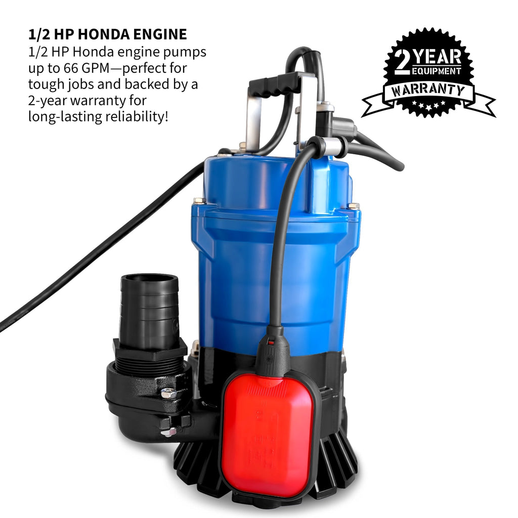 Tomahawk 1/2 HP Submersible Trash Pump, 66 GPM / 3960 GPH, 400W 2" Discharge for Dewatering Flooded Basements, Pools, Irrigation