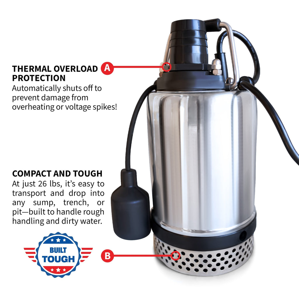 Tomahawk 1 HP Submersible Trash Pump, 73 GPM / 4380 GPH, 750W with Automatic Float Switch Top-Outlet for Flooded Basements, Pools, and Construction Sites