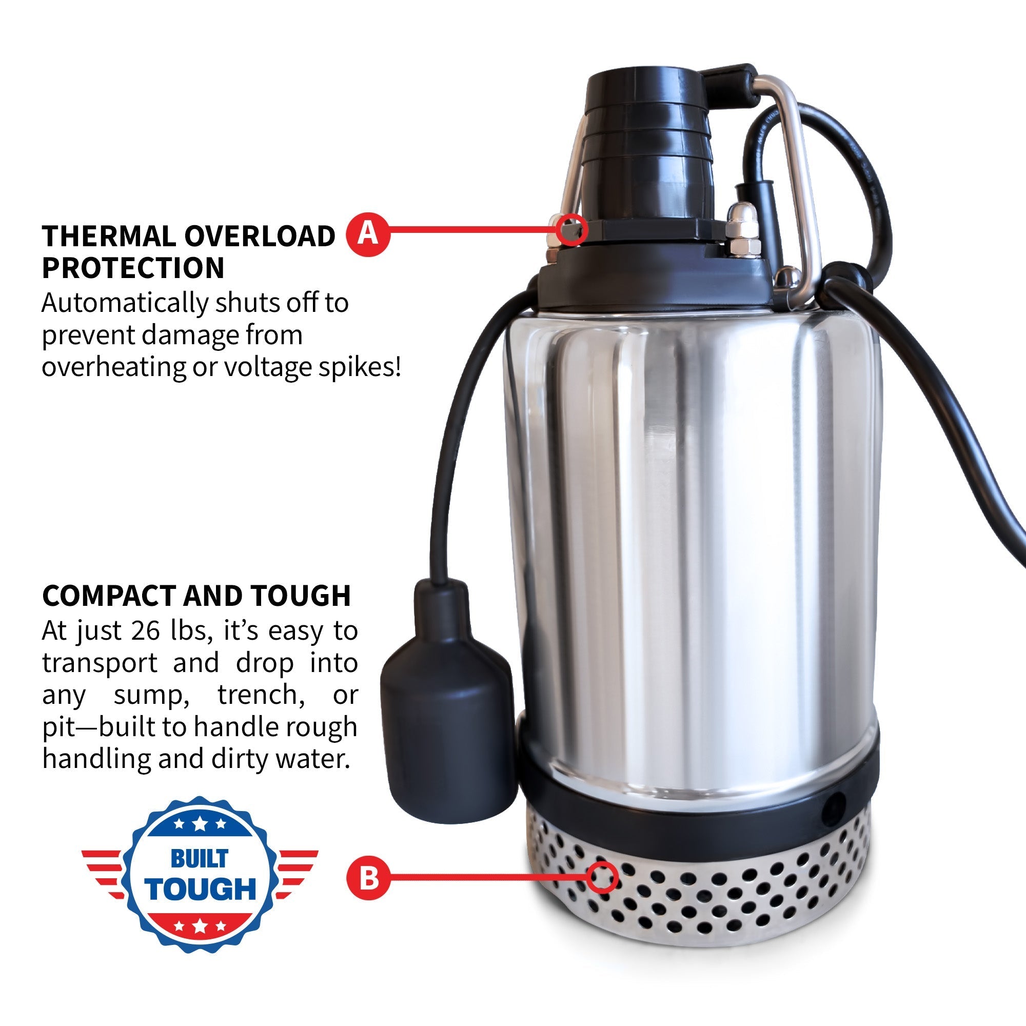 Tomahawk 1 HP Submersible Trash Pump, 73 GPM / 4380 GPH, 750W with Automatic Float Switch Top-Outlet for Flooded Basements, Pools, and Construction Sites