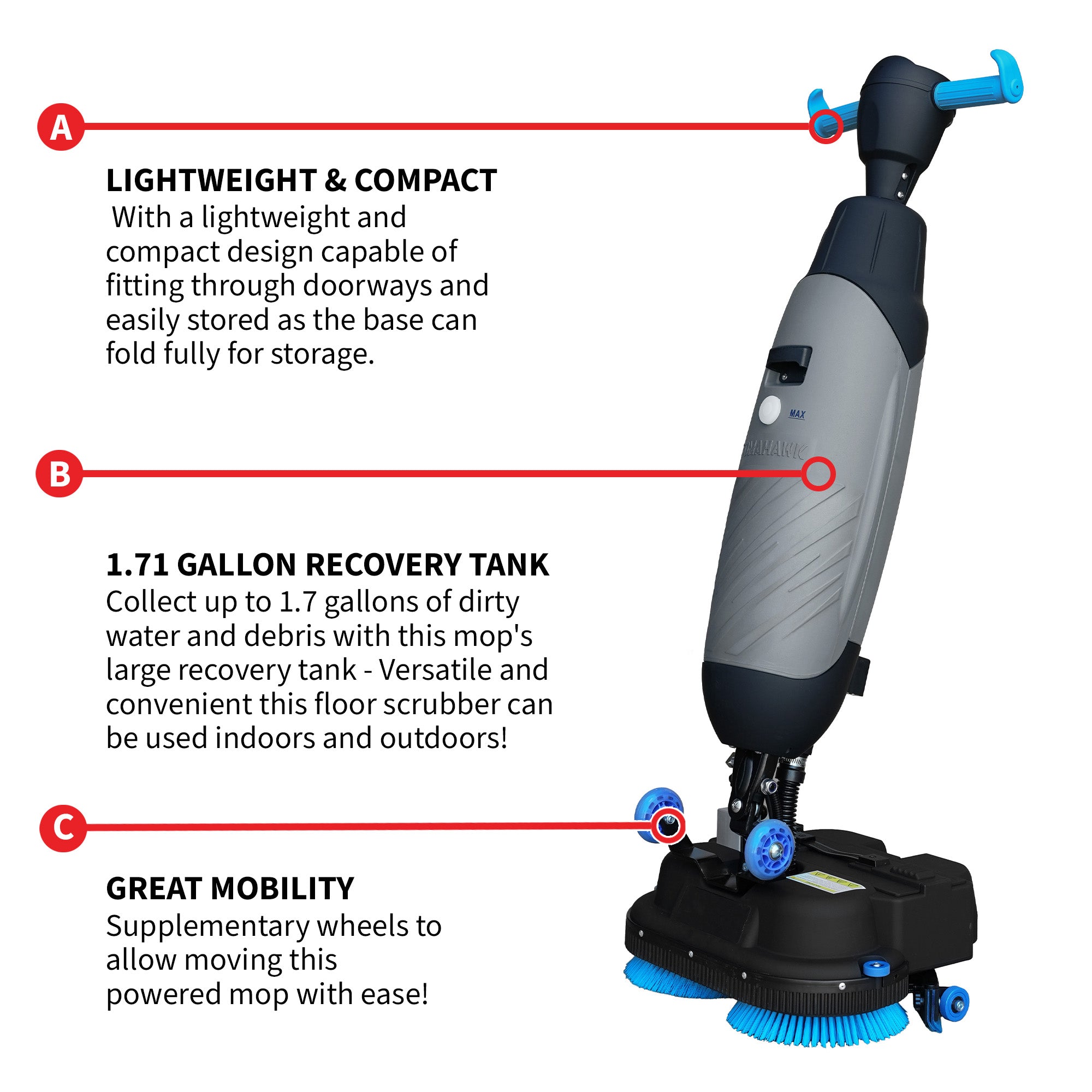 Electric Floor Scrubber Cleaner with 18” Power Mop Brushes Cordless 36V Battery Powered