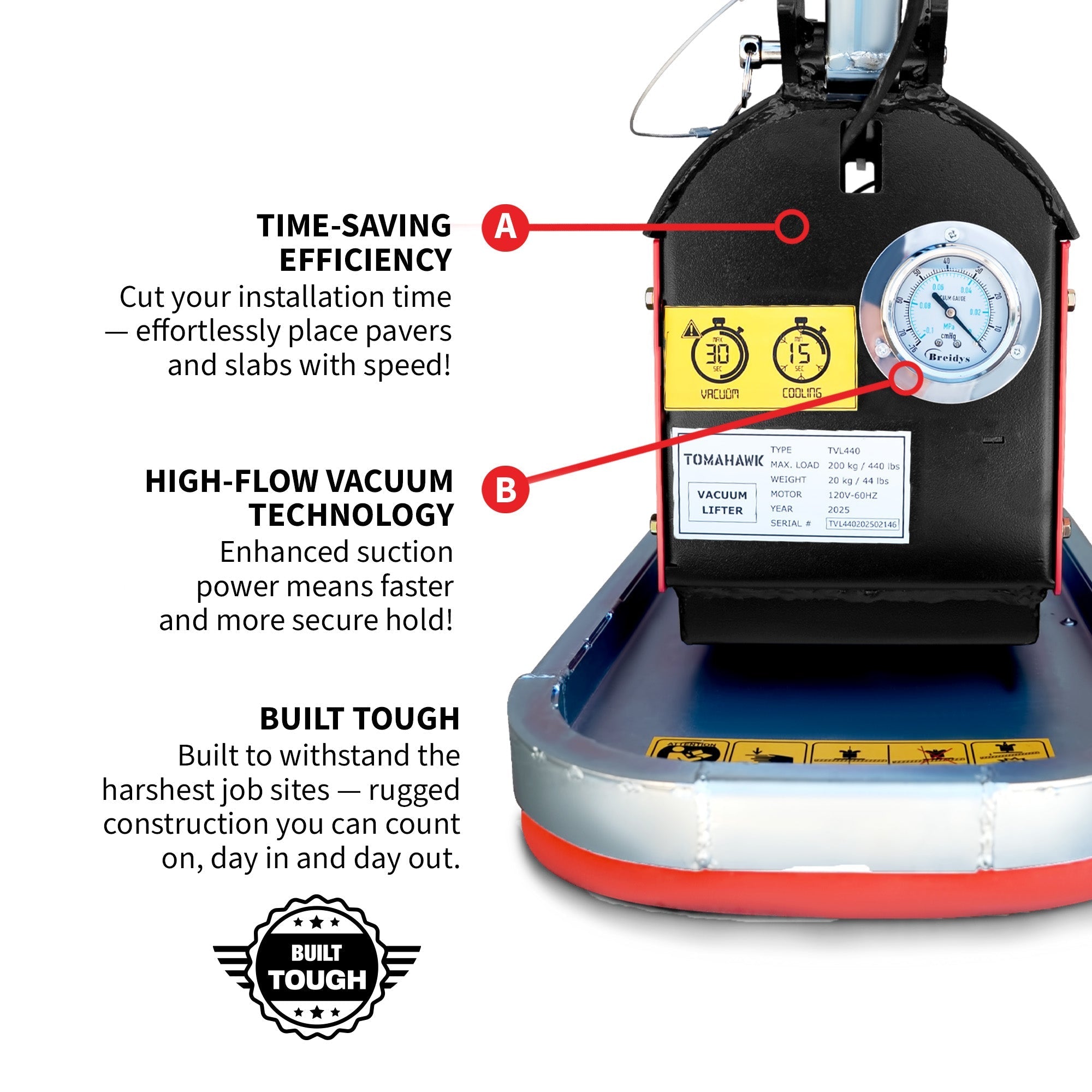 Tomahawk 440 lb Electric Paver Slab Vacuum Lifter 1200W for Hardscaping, Concrete, and Stone Placement