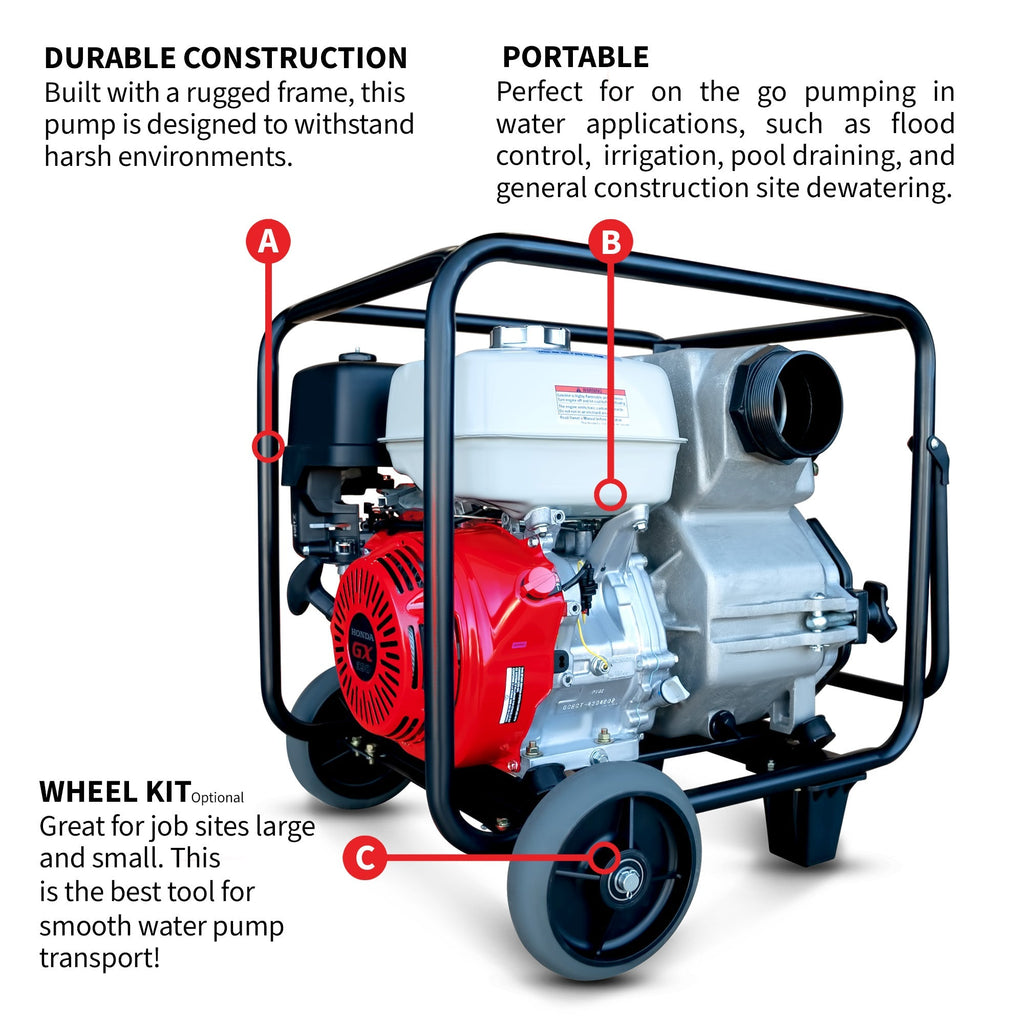 PRE ORDER: 4 Inch Trash Water Pump 423 GPM 13 HP GX390 powered by Honda Portable Utility
