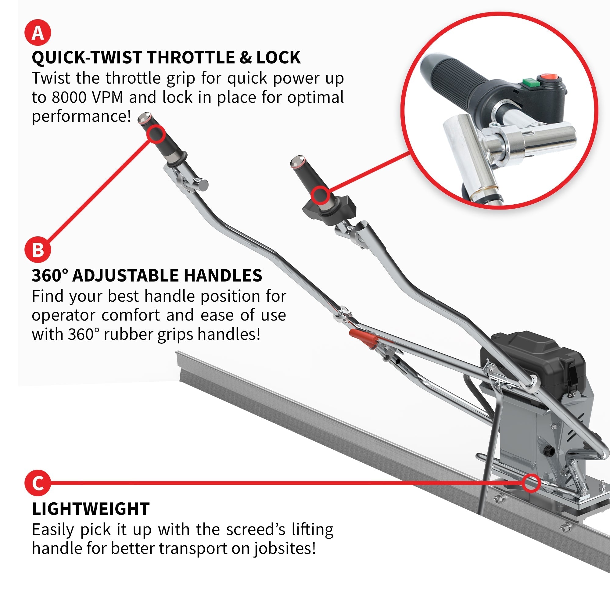 Battery Powered Vibrating Concrete Power Screed 36V/5Ah Float Finishing Tool (Choose 4ft, 6ft, 8ft, 10ft, 12ft, 14ft)