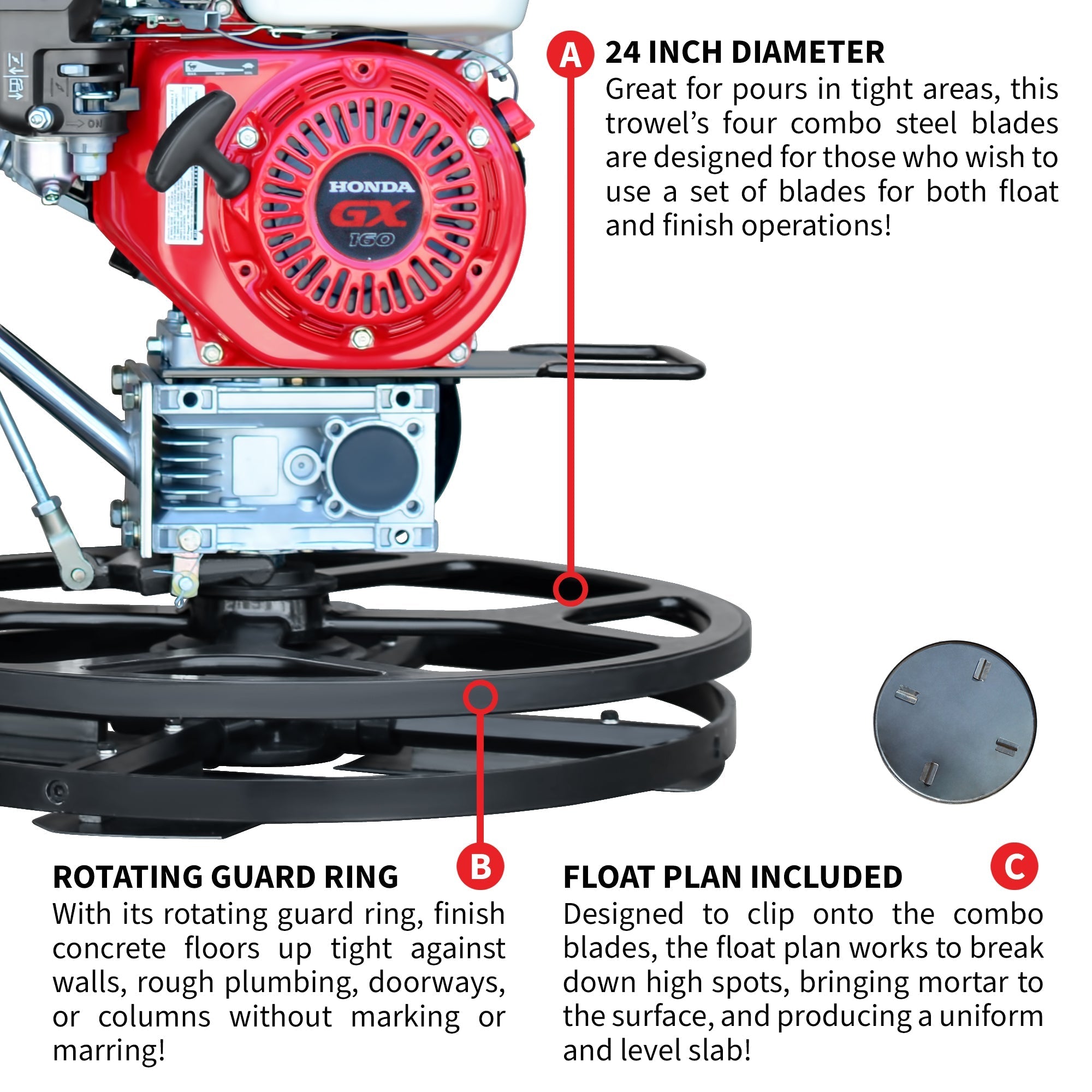 24" Concrete Power Trowel Edger 5.5HP Honda Float Pan Blade Screed Finishing Tool